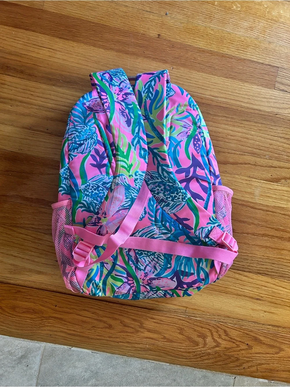 Lilly Pulitzer Pink Tropical Print Kids Backpack with Green & Blue Foliage